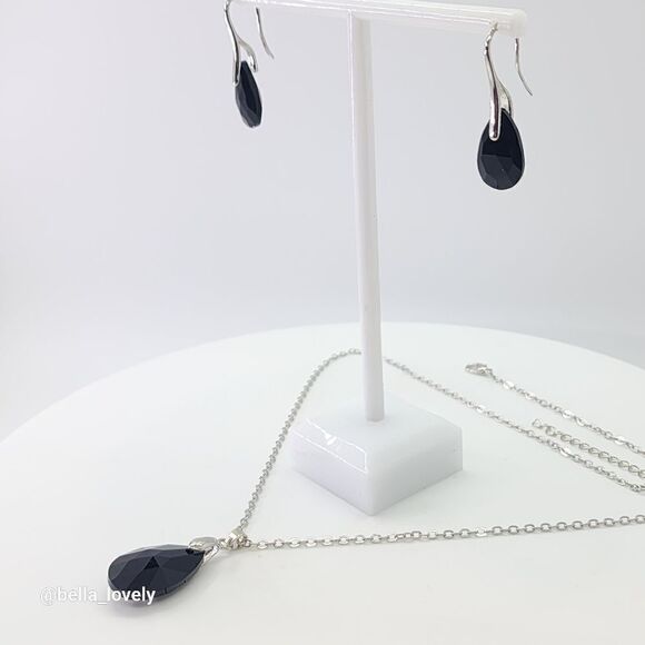 Faceted Teardrop Black Onyx Drop Dangle Earrings and Necklace Jewelry Set - Picture 3 of 7